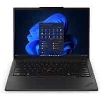 Black Lenovo ThinkPad T14 Gen 6 laptop with 14" display, Windows 11 interface, and red TrackPoint on keyboard.