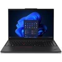 Black Lenovo ThinkPad T16 Gen 4 laptop with 16-inch screen, sleek design, and Windows 11 interface visible.