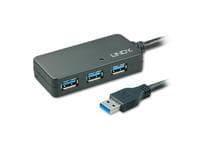 Black USB 3.0 active extension hub with three ports, featuring a sturdy plastic casing and a connected USB cable for easy connectivity.
