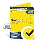 Norton 360 Deluxe 2026 yellow package with black checkmark, 5 devices, 1-year subscription, includes VPN and Password Manager.