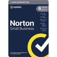 Norton Small Business antivirus software box, blue with yellow checkmark, covers 6 devices, 1-year subscription.