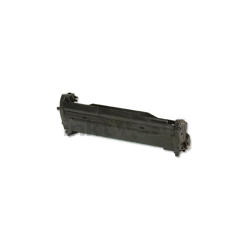 Black toner cartridge for OKI printers, featuring a rectangular shape with a smooth plastic finish and connectors on either end for easy installation.