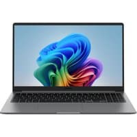 Grey Samsung Galaxy Book4 laptop, 15.6" screen, slim design, black keyboard, vibrant display, Windows 11 interface.