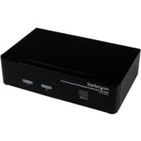 Black StarTech.com 2 Port USB DisplayPort KVM Switch with audio, featuring two buttons and a select switch.
