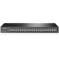 Black TP-Link 48-port gigabit rackmount network switch with LED indicators and metal casing.
