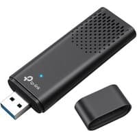 Black TP-Link Archer AX1800 Wi-Fi 6 USB adapter with vented design, blue LED indicator, and detachable cap.