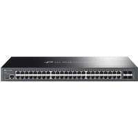 Black TP-Link Omada 48-port gigabit switch with 4 SFP slots, sleek metal casing, and LED indicators.