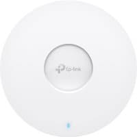 White TP-Link Omada AX5400 ceiling mount WiFi 6 access point with central logo and blue indicator light.