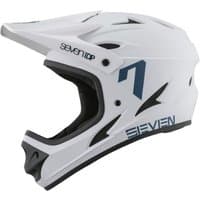 White 7Protection M1 Youth Full Face MTB Helmet with black accents, large visor, and ventilation slits.