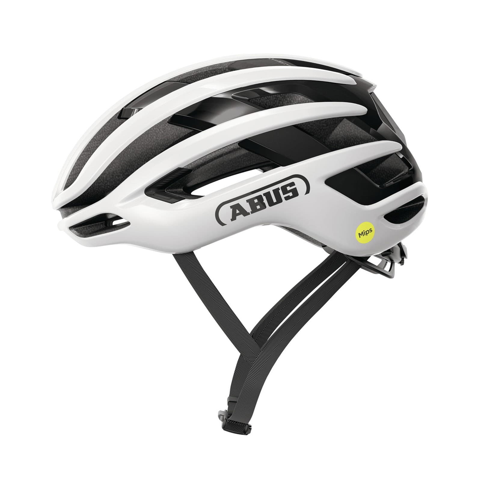 Shiny white Abus AirBreaker 2.0 MIPS road cycling helmet featuring aerodynamic design, multiple ventilation slots, and adjustable straps for a secure fit.