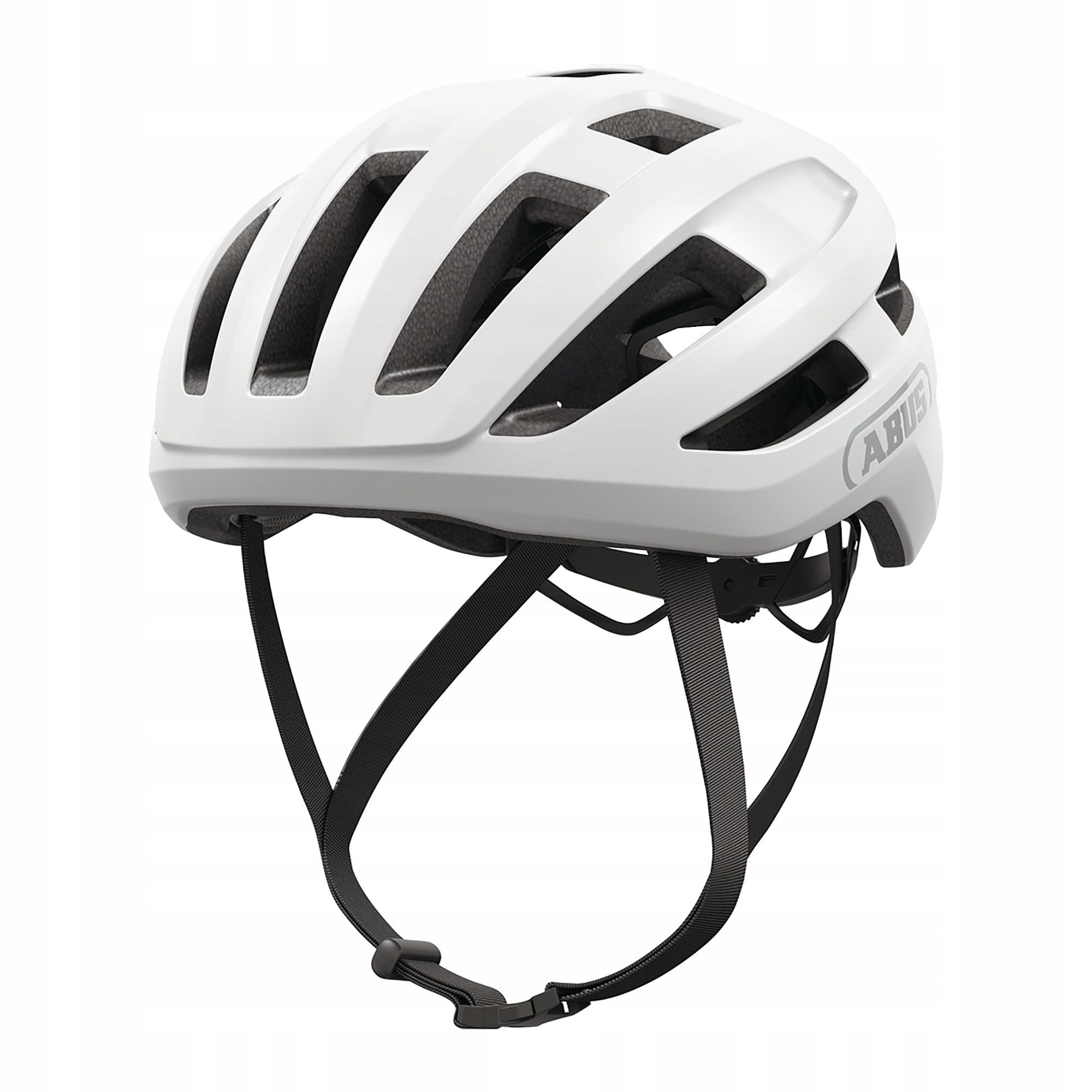 White Abus Powerdome Mips road cycling helmet featuring multiple ventilation slots, a sleek design, adjustable straps, and a lightweight construction for enhanced comfort and safety.