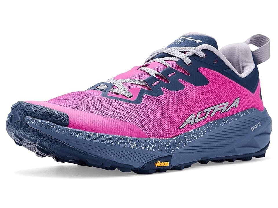 Magenta and navy women's running shoe featuring a textile upper, reflective laces, and a rugged outsole with Vibram technology for enhanced traction.