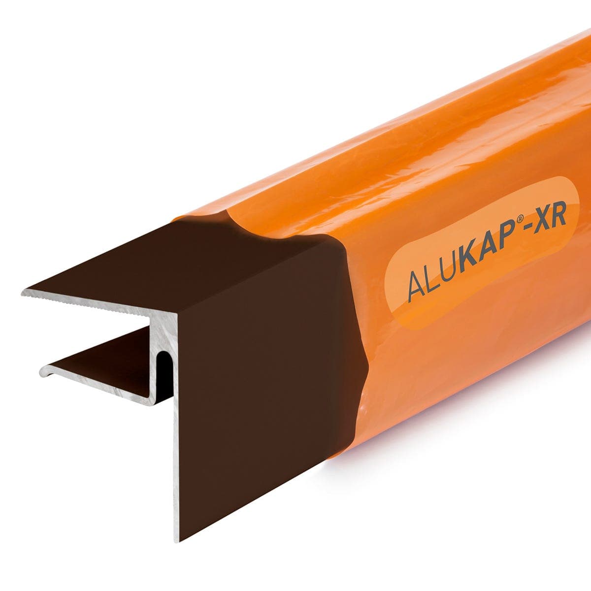 16mm brown end stop bar made of aluminum, measuring 2.4 meters, featuring a sleek design with a protective orange film and embossed branding on the side.