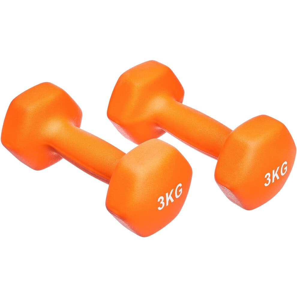 Bright orange neoprene dumbbells, each weighing 3kgs, featuring a hexagonal shape and clear "3KG" markings on each end, designed for comfortable grip and easy handling.