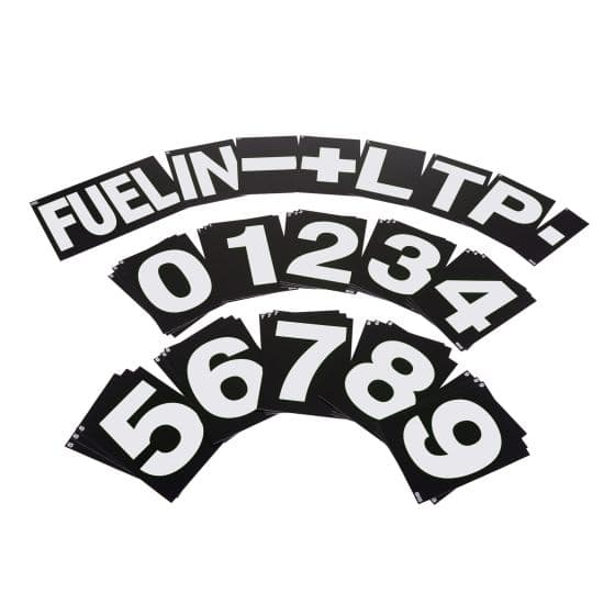 Large pit board number sets featuring bold white numbers and letters on a black background, designed for easy visibility in racing environments.