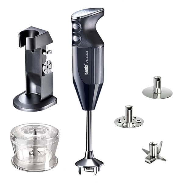 Bamix DeLuxe Black 200W hand blender in sleek black plastic with stainless steel attachments, including a chopping bowl, various blades, and a stand for easy storage.