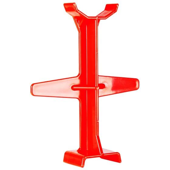 Bright red plastic fork support designed for motorcycles, featuring a sturdy, cross-shaped base for stability and a central groove for secure fork placement.