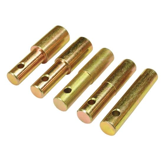 Set of five gold-colored metal head stand pins, each with a cylindrical shape and a hole for securing, designed for use with bike stands.