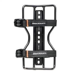 Black Blackburn Outpost Cage V2 features a sturdy black metal frame with adjustable straps for secure bottle storage, designed for versatility and durability in outdoor activities.