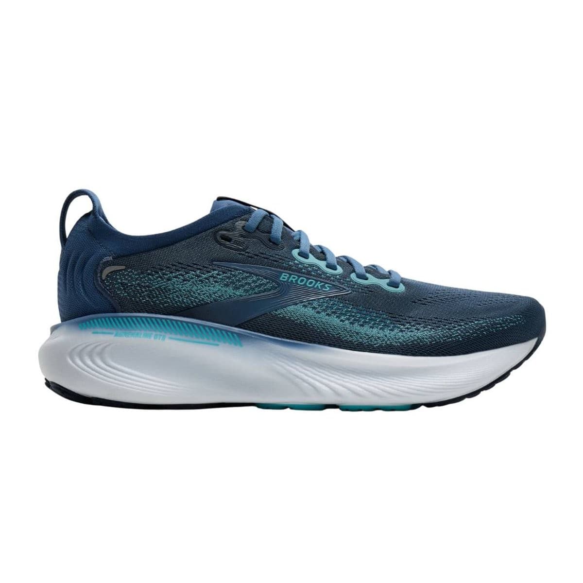 Men's Brooks Adrenaline GTS 25 running shoes in navy with spellbound and moonlight accents, featuring a breathable mesh upper and a cushioned white sole for comfort.