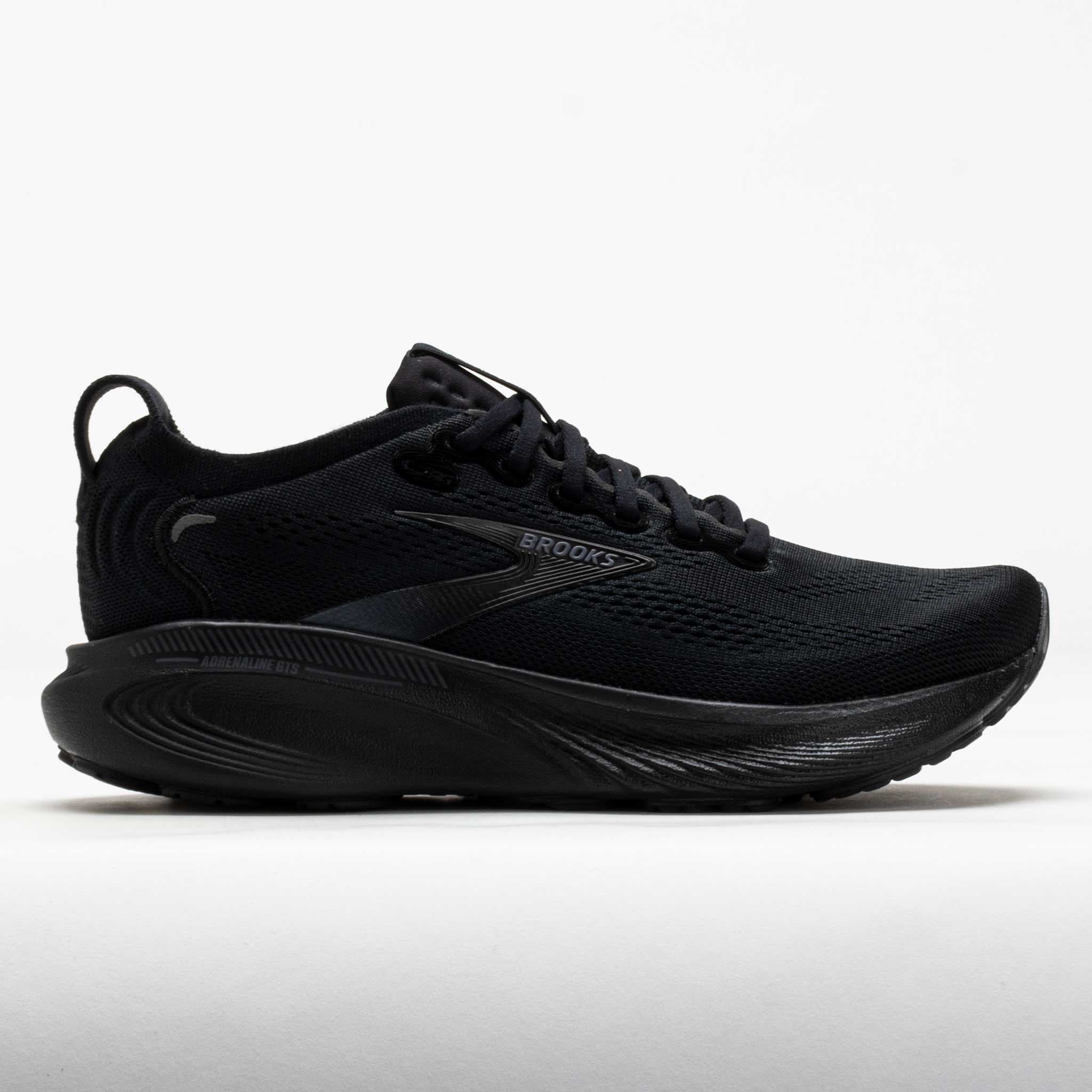 Black Brooks Adrenaline GTS 25 women's running shoes in size 10.5 B, featuring a breathable mesh upper, cushioned sole, and sleek design for optimal performance.