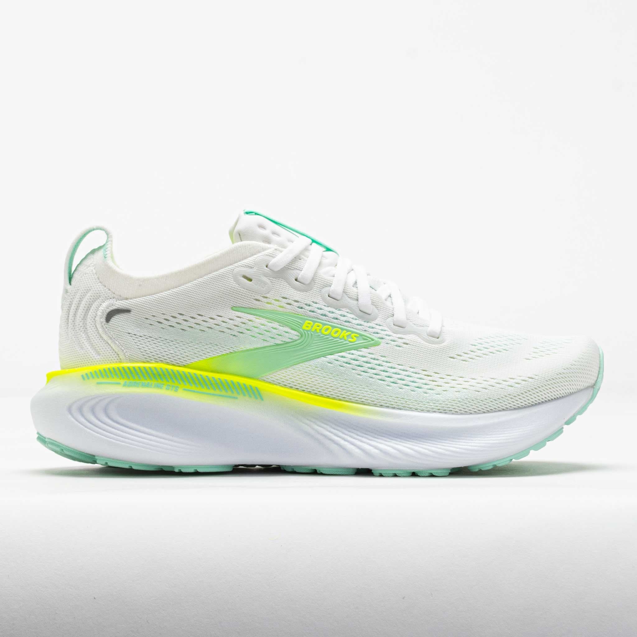 Women's Brooks Adrenaline GTS 25 running shoes in white with nightlife and yucca accents, featuring a breathable mesh upper and cushioned sole for comfort.