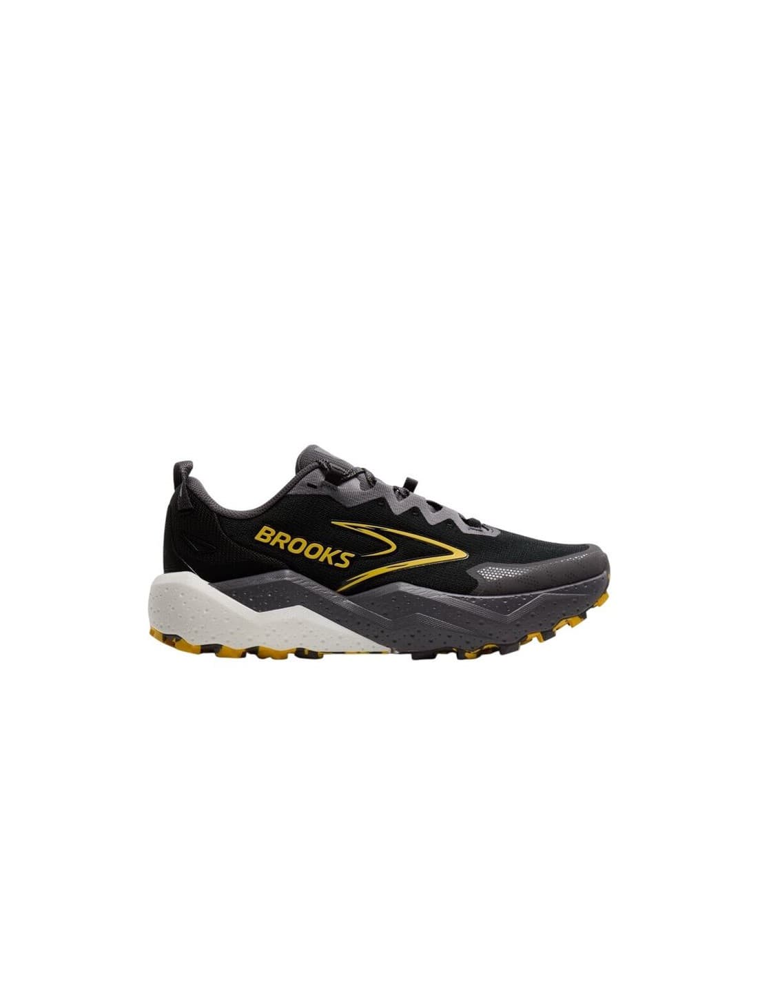 Black and yellow Brooks Caldera 8 medium shoes featuring a breathable mesh upper, cushioned sole, and rugged outsole for enhanced traction, size 47.5.