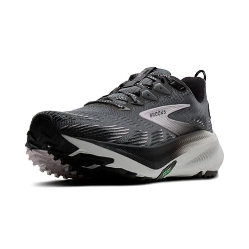 Brooks Ghost Trail women's shoes in Poppy Seed, Black, and Pink, featuring a synthetic upper, cushioned sole, and rugged traction for trail running, size 6.5 B - Medium.