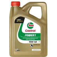 Gold Castrol Power 1 4T 10W-40 motorcycle engine oil, 4L bottle with green and red label, black cap.