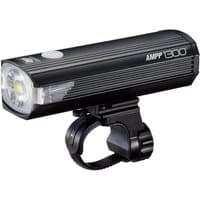 Black Cateye AMPP 1300 lumens USB rechargeable front light with ribbed casing and adjustable mounting bracket.