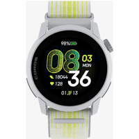 White COROS PACE 4 GPS sport watch with nylon strap, digital display showing time, date, steps, and heart rate.