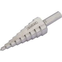 Draper step drill bit 4-20mm, silver, tapered design with engraved size markings and hexagonal shank.