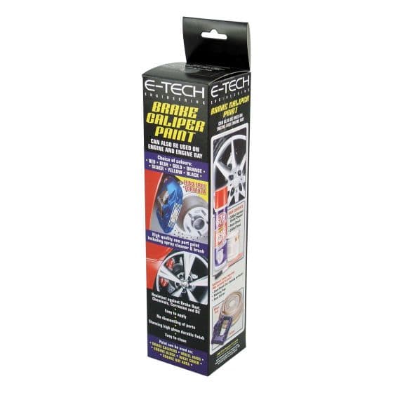 Silver brake caliper paint in a tall, branded box featuring images of wheels and application instructions, highlighting its heat resistance for car and motorbike use.