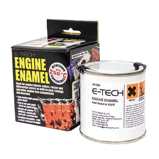 Silver enamel paint in a 250ml can, labeled "E-Tech Engine Enamel," with a black and colorful box featuring engine graphics and a heat rating of 250°C.