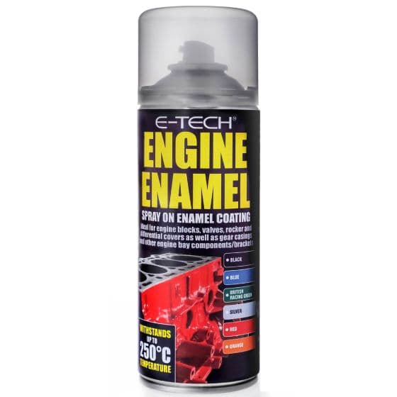 Blue spray can of E-Tech Engineering Engine Enamel Paint, 400ml, featuring a black label with white text, designed for engine coating, suitable for high temperatures up to 250°C.