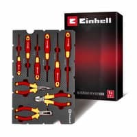 "Red and yellow Einhell 9 piece VDE insulated hand tool kit in foam tray with pliers and screwdrivers"