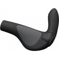 Black ergonomic bike grip with textured rubber surface and integrated bar end extension.