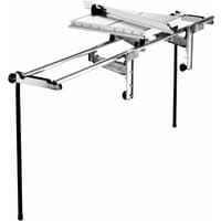 Festool ST 840 Sliding Table for TKS 80, silver metal frame with adjustable rails and black support legs.