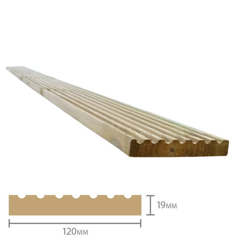 Forest Treated Softwood Value Deck Board in a natural wood finish, measuring 19mm x 120mm x 2.4m, featuring grooved surfaces for enhanced grip, packaged as a set of 5.