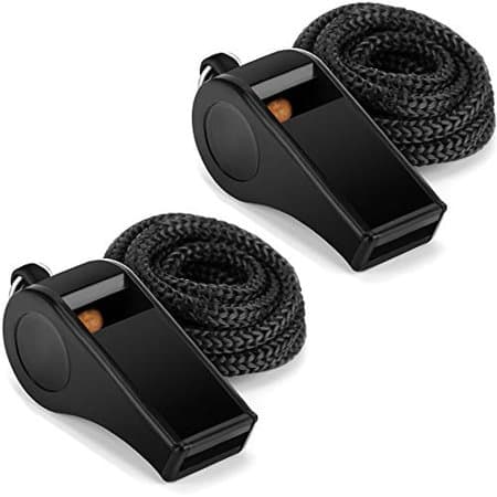 Black professional sports whistles with a clear sound, each accompanied by a durable black lanyard, featuring a sleek design and ergonomic shape for easy handling.