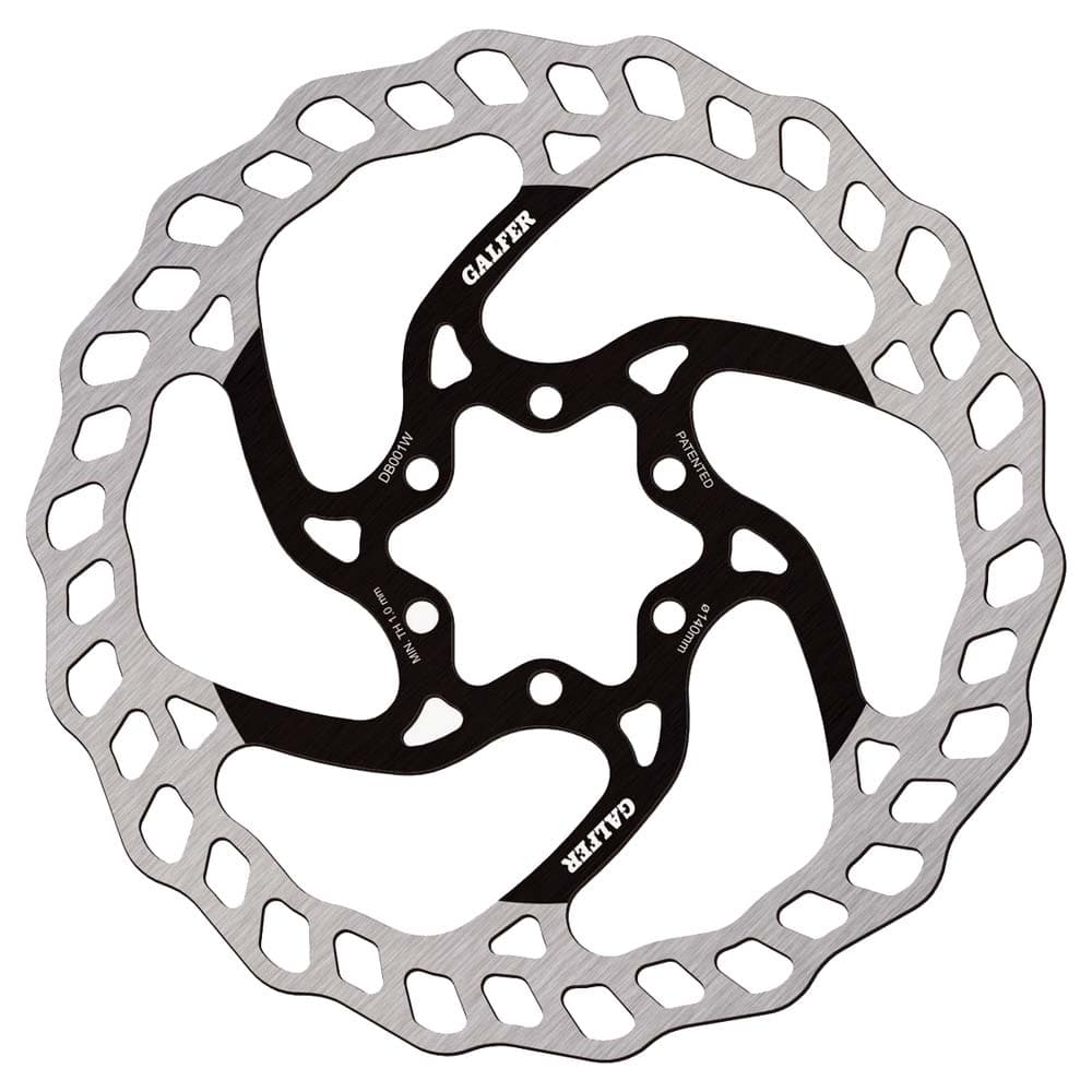 Galfer Wave 6-Bolt Disc Rotor features a stainless steel surface with a wavy design, measuring 180mm in diameter and 1.8mm thick, showcasing black and silver colors.