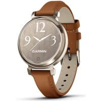 Garmin Lily 2 Classic smartwatch with 35.4mm silver bezel, brown leather strap, and textured taupe dial.