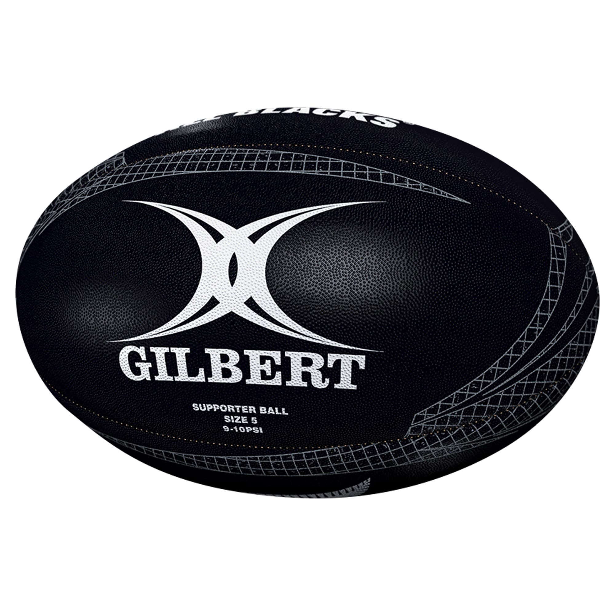 Black rugby ball featuring white "Gilbert" logo and "Supporter Ball" text, designed for fans of the All Blacks, with a textured surface for grip and size 5 specifications.