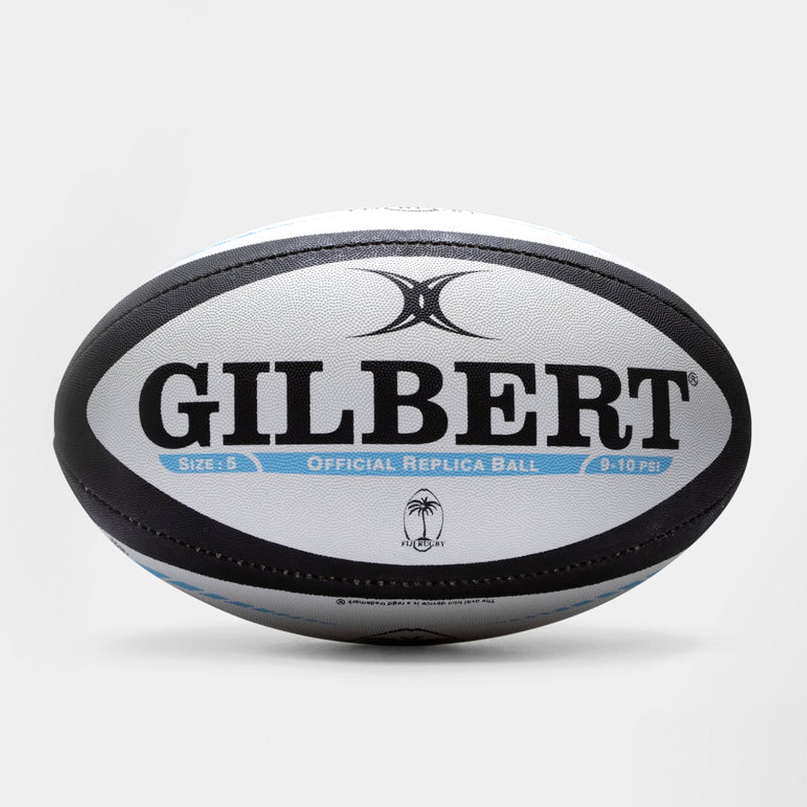 Gilbert Fiji replica rugby ball featuring a white and black design with blue accents, marked with "GILBERT" and "OFFICIAL REPLICA BALL," made of durable synthetic material.