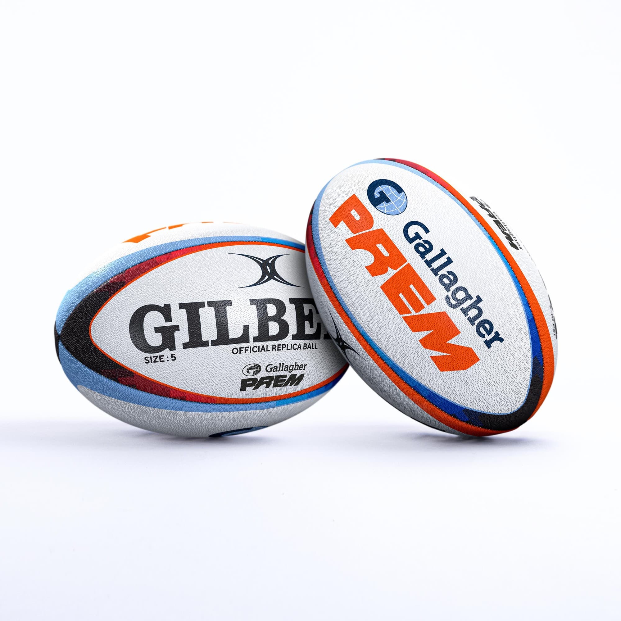 Two Gilbert Gallagher Prem Replica Rugby Balls, size 5, featuring a white base with blue, orange, and black accents, displaying the "GILBERT" and "PREM" logos prominently.