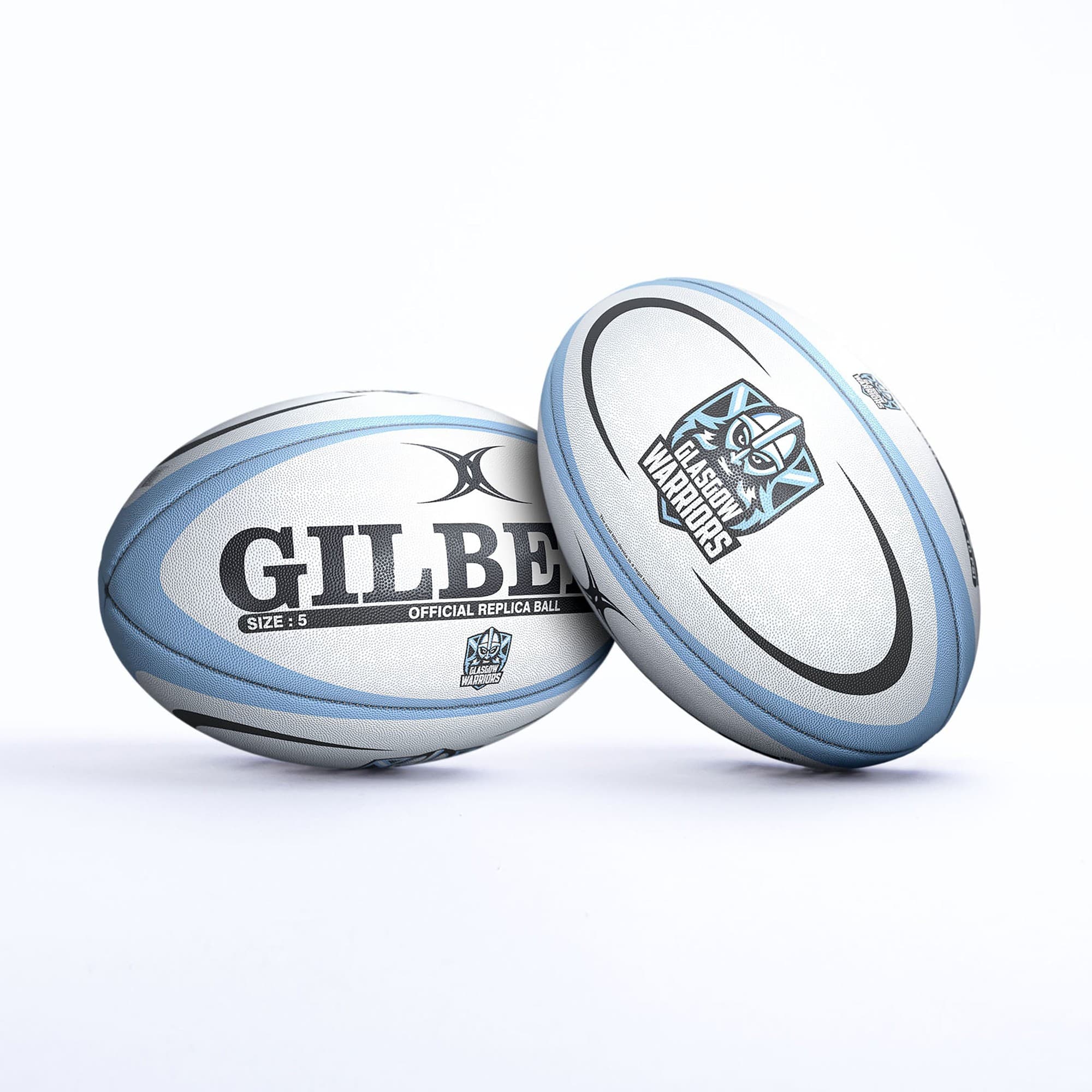 White rugby ball with blue accents, featuring "GILBERT" and "GLASGOW WARRIORS" logos, designed for official play, size 5, made of durable synthetic material.