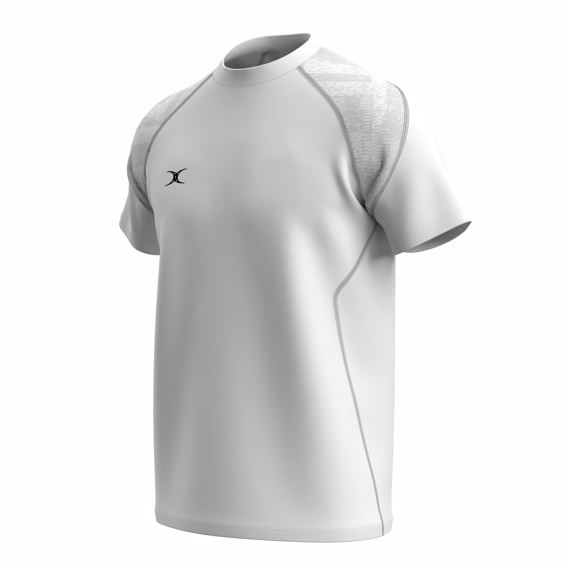 White short-sleeve tee shirt with a round neckline, featuring textured gray shoulder panels and the Gilbert Rugby logo on the chest.