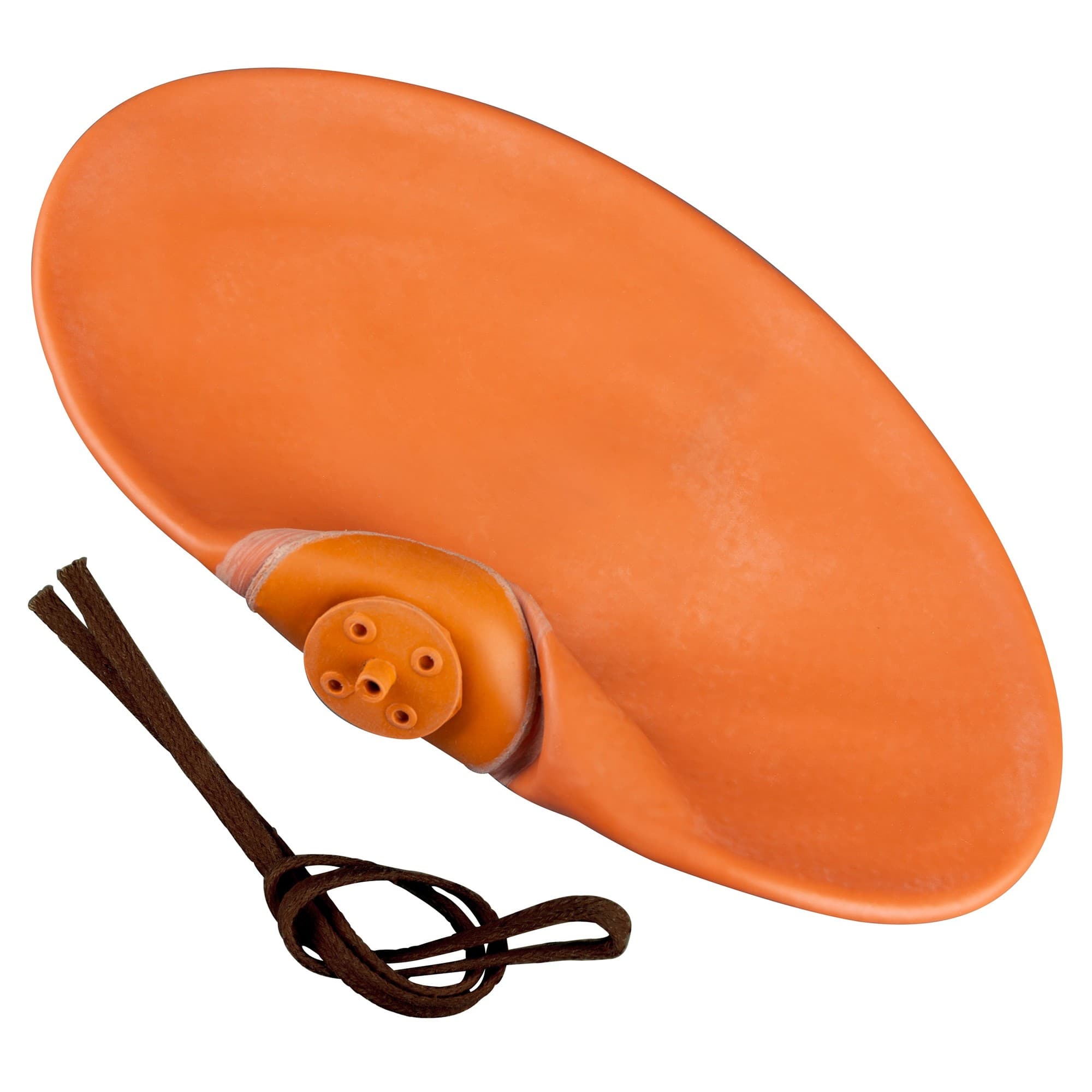 Orange leather rugby ball bladder with a brown string attachment, featuring a smooth surface and three valve openings for inflation.