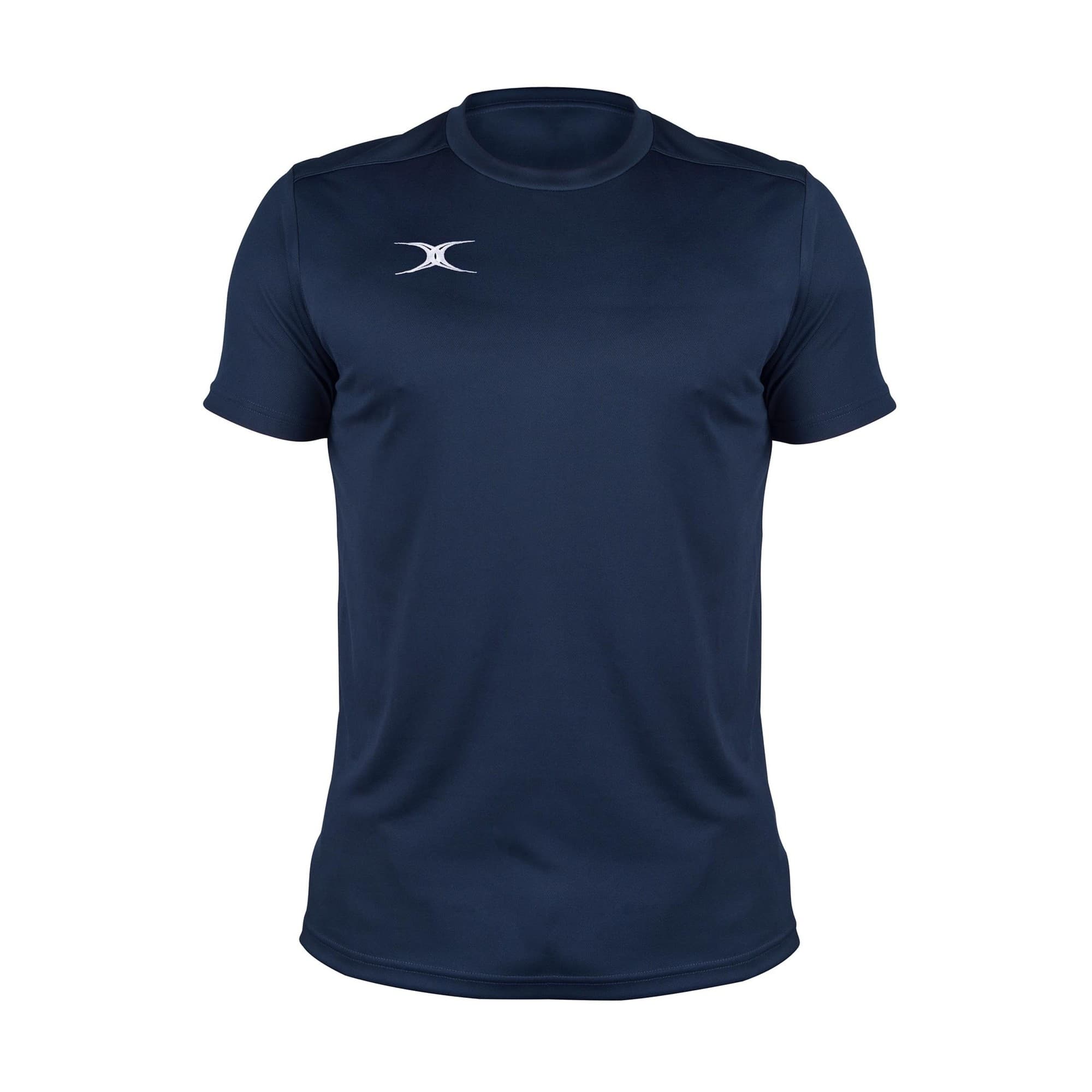 Black short-sleeve tee shirt made from lightweight material, featuring a subtle logo on the chest and a comfortable fit, designed for men's rugby activities.