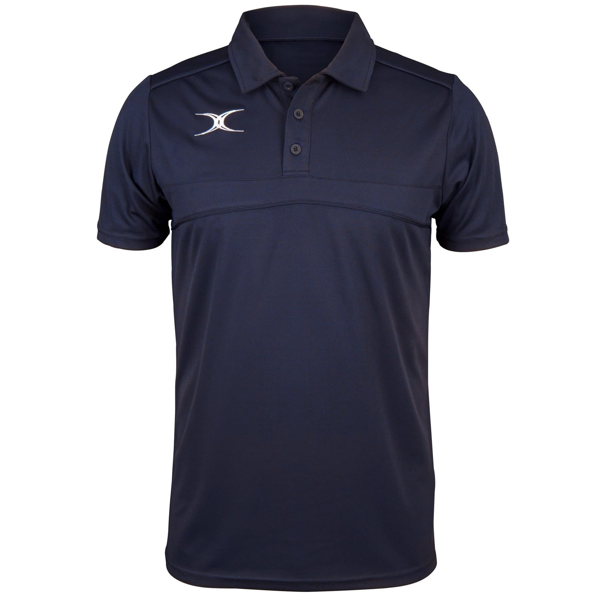 Black men's polo shirt by Gilbert Rugby, featuring a classic collar, three-button placket, and a subtle logo on the chest, made from lightweight, breathable material.